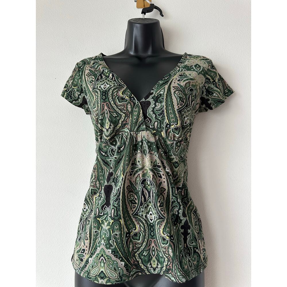 Vintage Y2K  Paisley Empire Waist Top Babydoll XS Green Boho Y2K Stretch Blouse